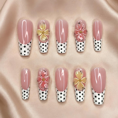 Retro Polka Dot Press On Nails | 3D Floral French Tip | Y2K Pastel Summer Nails | Bold Party Vacation | Custom Shape Handmade Set | OB1353DK