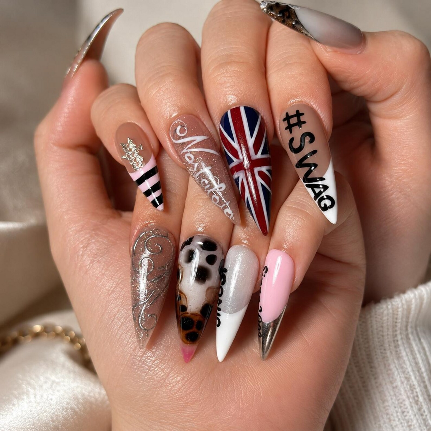 4th of July Press On Nails Long Stiletto • USA Holiday Look •Red White Blue Animal Print Stiletto Fake Nails| OB421LC