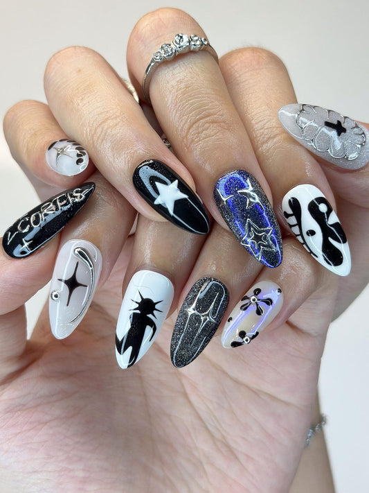 K-Pop Inspired Idol Press-On Nails | Fan Collectible Edition | Luxury 3D Star & Chrome Stiletto Art | Y2K Cyberpunk Aesthetic | OB380IC