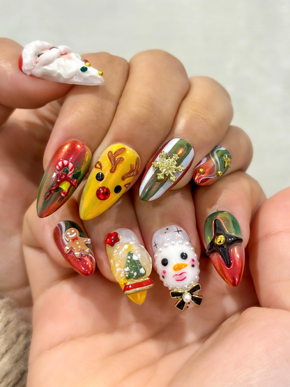 Santa & Snowman Christmas Press On Nails | Christmas Magic Nail Art | Christmas Character Nails |Festive Red-Green Glitter Press Ons|JB238EC