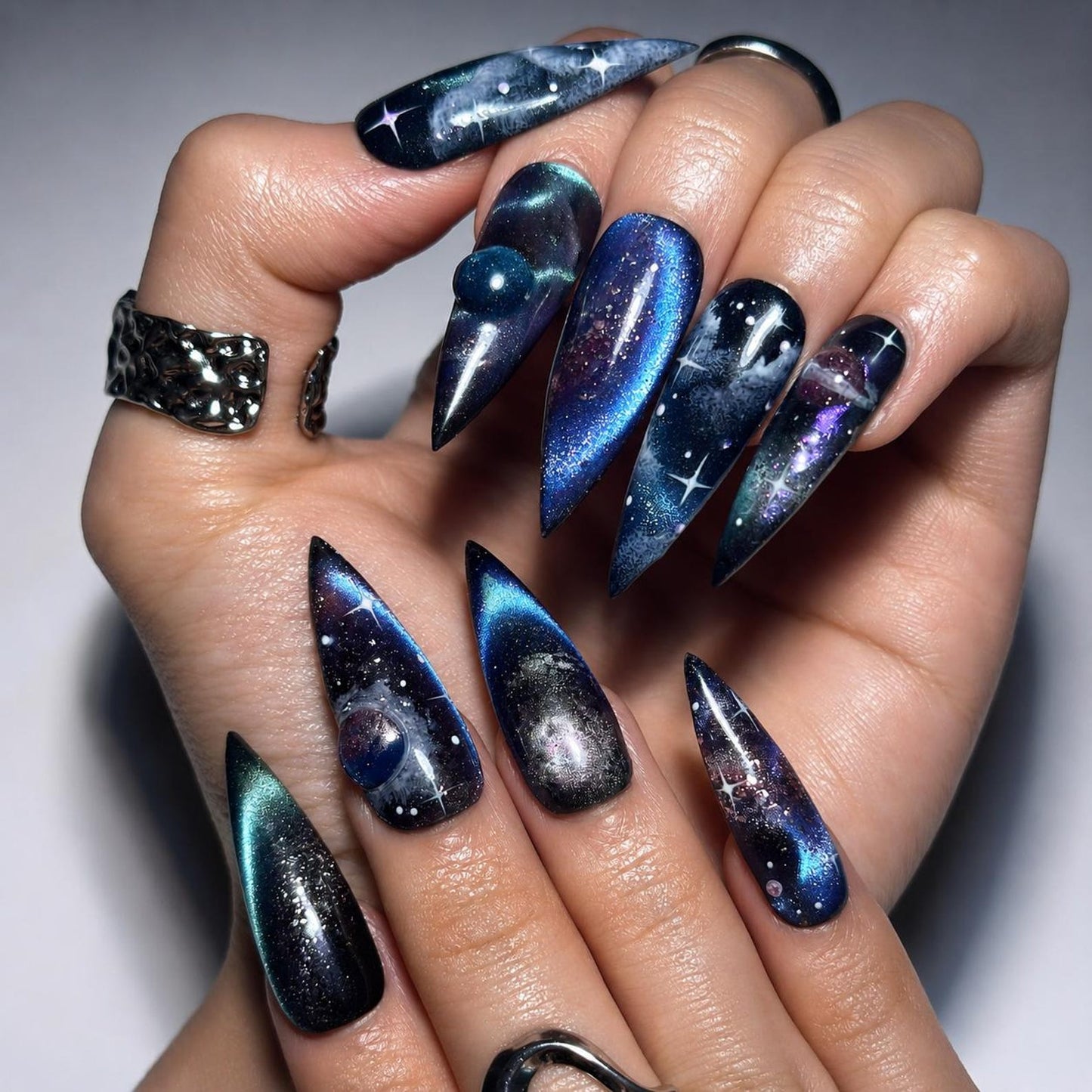 Galaxy Space Press On Nails Long Stiletto • 3D Planet Art • Nebula Milky Way Handpainted Stars • Festival Rave Party • OB1362DG