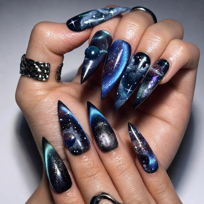 Galaxy Space Press On Nails Long Stiletto • 3D Planet Art • Nebula Milky Way Handpainted Stars • Festival Rave Party • OB1362DG