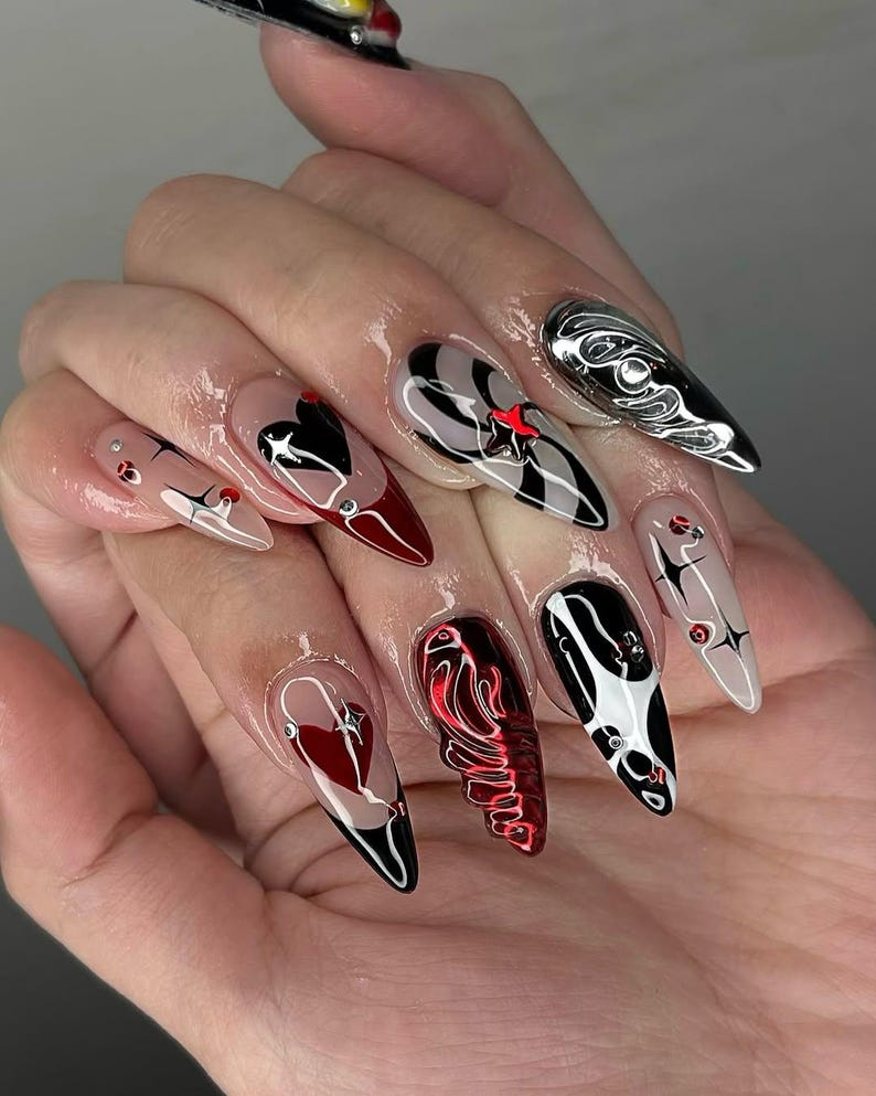 3D Harlequin Clown Press On Nails | Red Black Chrome Swirl Design Fake Nails | Gothic Alt Nail Art | Creepy Cute Clown Nails | HB935YK