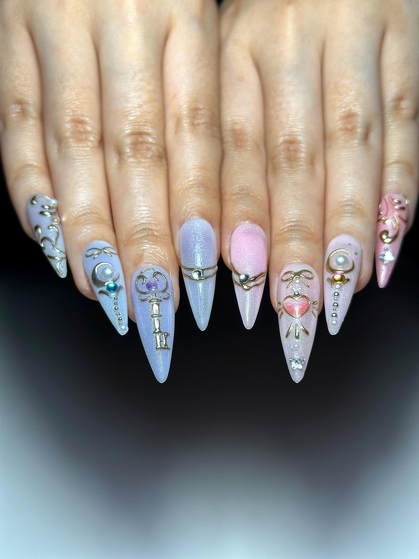 Pastel Cat Eye Press On Nails | Pink Purple Ombre Nails | Cute Heart Bow Nail Art | Elegant Gold Detail Nails| Fairycore Press Ons| HC1307HC