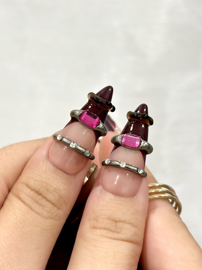 Gothic Ruby Witch Press On Nails | Red Black Sorcery Nail Art | 3D Ring Accents & Mystic Symbols | Luxury Dark Glam Set | HB1202EC