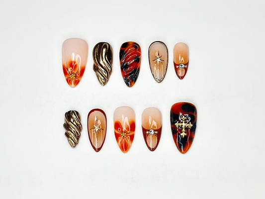 Gold Flame Press On Nails | Red Marble Tortoise Shell & Molten Swirl Nails | Handmade 3D Fire Nail Art | Luxury Gothic Nail Set | JB101LC