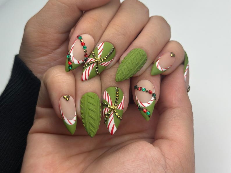 Candy Cane Christmas Press On Nails | Green Holiday Nails | Festive Long Nails | Gift For Her | Winter Party Nails| HB1189BC
