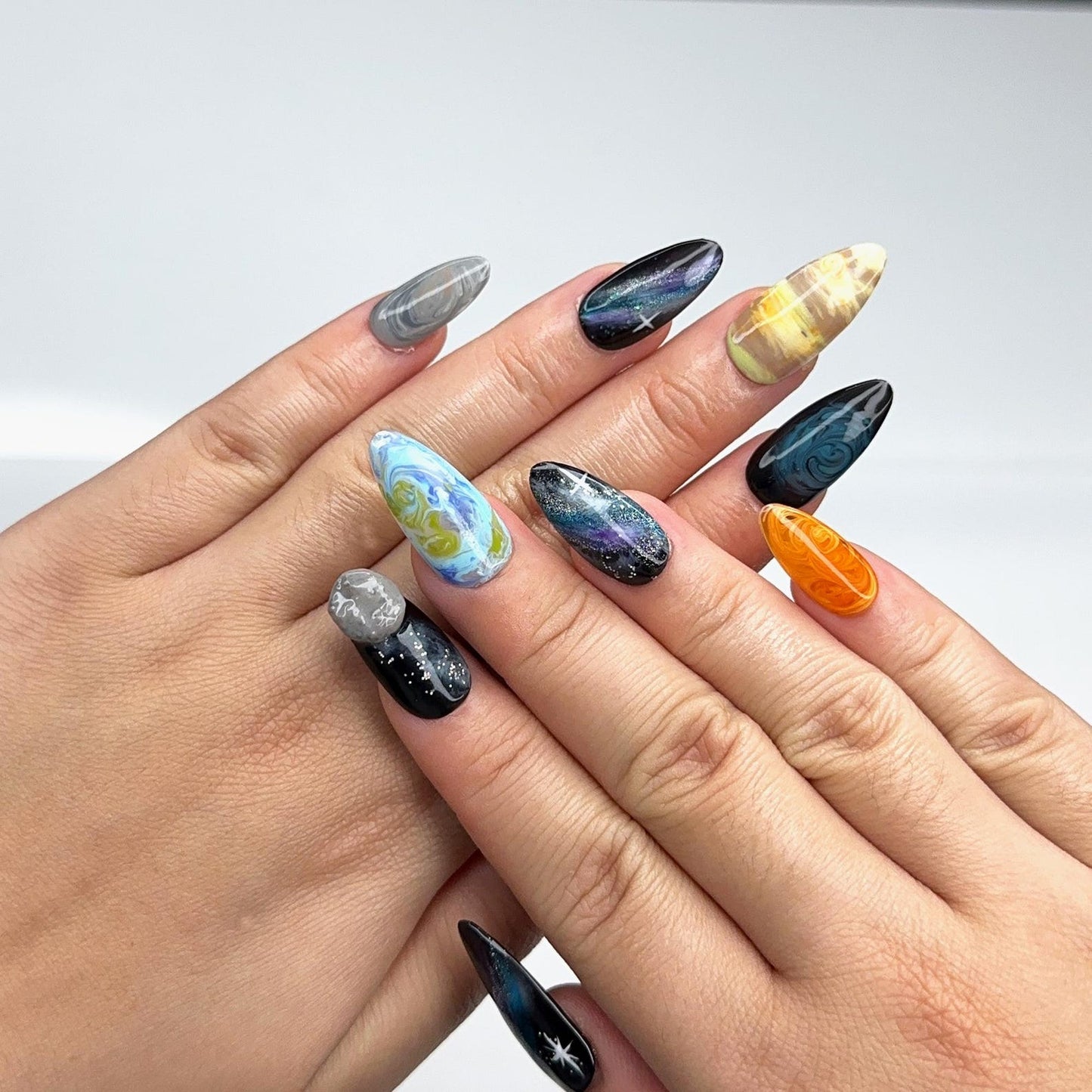 Solar System Almond Press On Nails | Handpainted Celestial Galaxy Fake Nails | OB401LK