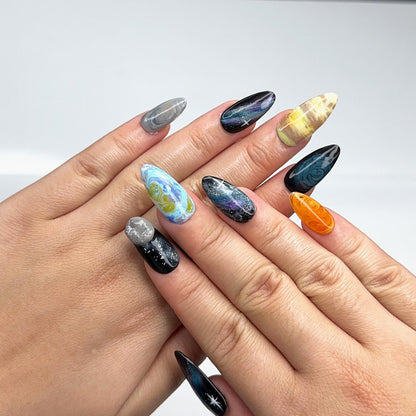 Solar System Almond Press On Nails | Handpainted Celestial Galaxy Fake Nails | OB401LK