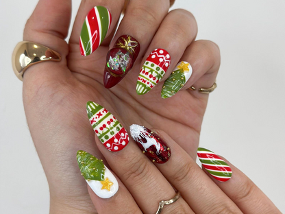 Christmas Reindeer Red Press On Nails | Red Green Christmas Nail Art | Snow & Tree Design| Holiday Glitter Nails| Winter Press Ons| HB1200HC