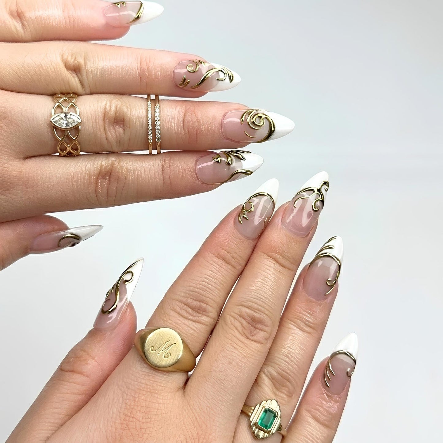 Gold Baroque Almond Press On Nails | Luxury 3D Chrome Bridal Wedding Nail Art | OB402LK