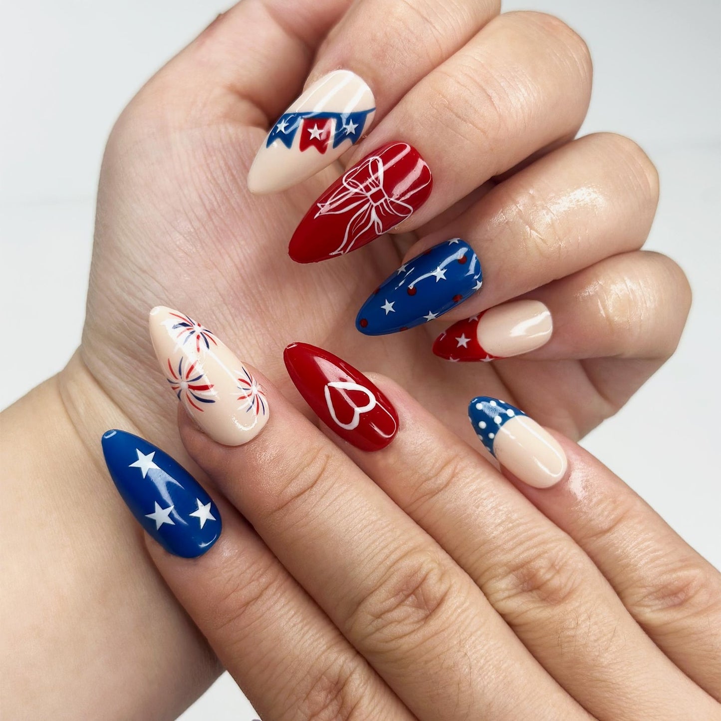 4th of July Press On Nails | Handpainted Patriotic USA Flag Almond Nails | OB398LK