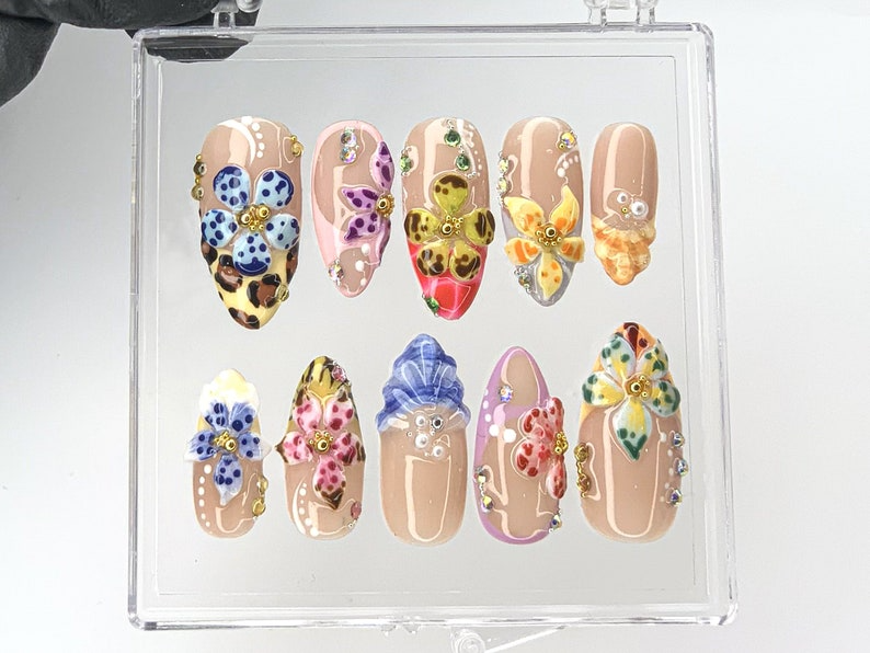 Tropical Bloom Press On Nails | Vibrant Orchid Fake Nails | Exotic Flower Acrylic Nails | Colorful Blossom Nail Art | Colorful | HB490YC