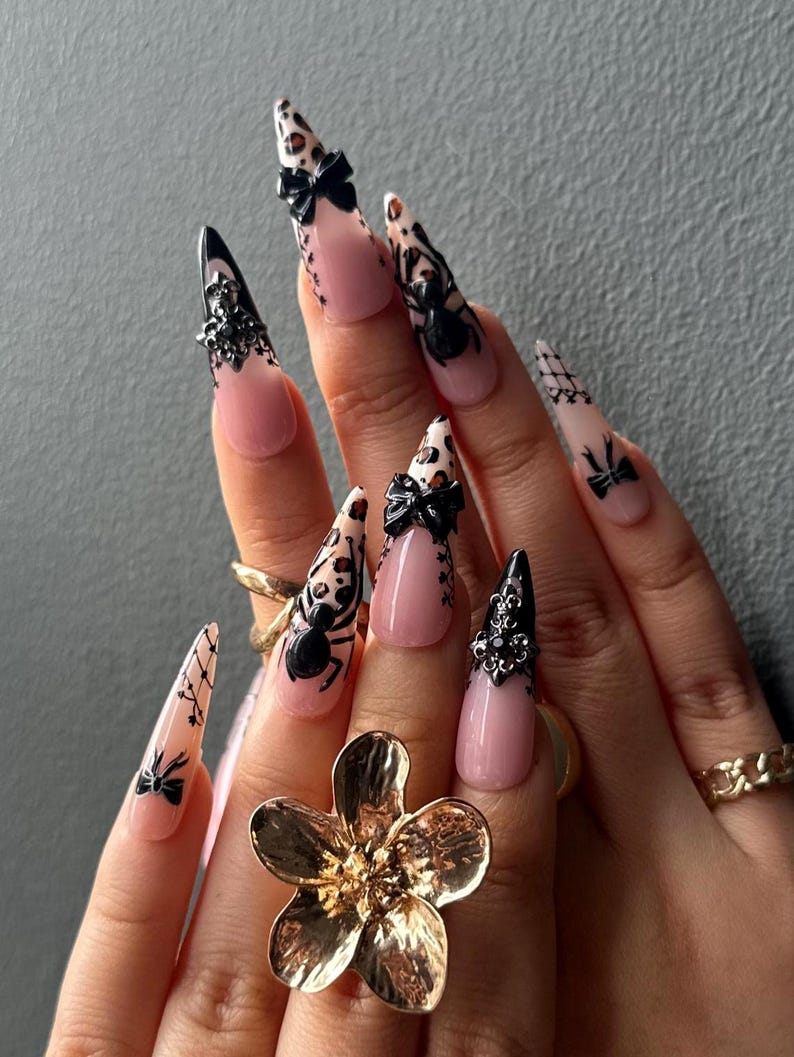 Vintage Halloween Leopard Press On Nails | Gothic Pumpkin & Spider Web Nail Art | Handmade Halloween Nail Set | Gothic Nail Set | JB180HC
