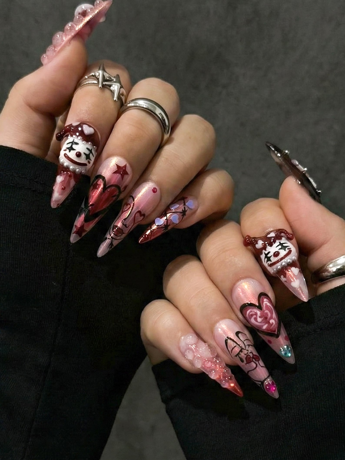 Gothic Valentine Clown Heart Press On Nails for Dark Romance Girls, Handmade Long Pink Chrome Fake Nails, Alternative Love Nail,JB278EC