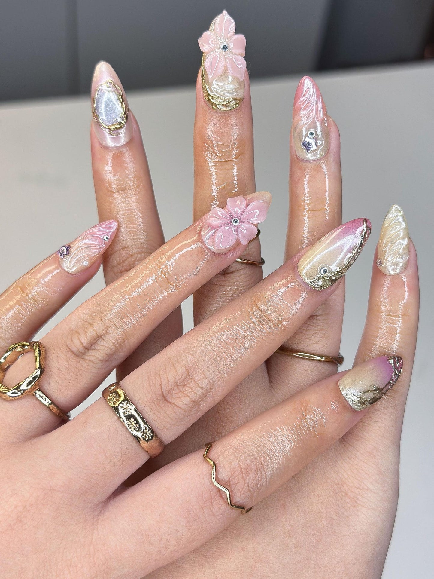 Jisoo MET Gala Inspired Nails | 3D Floral Molten Gold Press Ons | Luxury Pink Ombre Shimmer Custom Celestial Almond Art| OB390IK