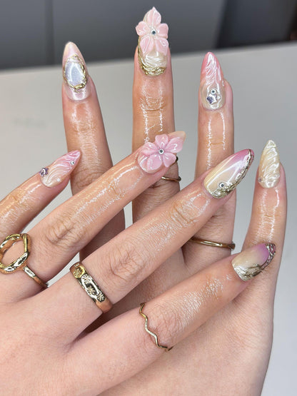 Jisoo MET Gala Inspired Nails | 3D Floral Molten Gold Press Ons | Luxury Pink Ombre Shimmer Custom Celestial Almond Art| OB390IK