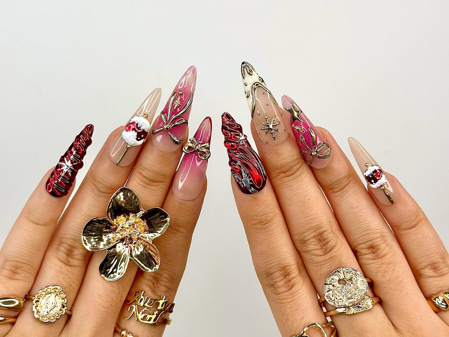 Elegant Christmas Press On Nails | Holiday Chrome Nail Art | Winter Festival Nails | Red Gold Bow Design | Handmade Gift for Her | JB1190BK