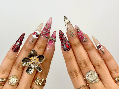 Elegant Christmas Press On Nails | Holiday Chrome Nail Art | Winter Festival Nails | Red Gold Bow Design | Handmade Gift for Her | JB1190BK