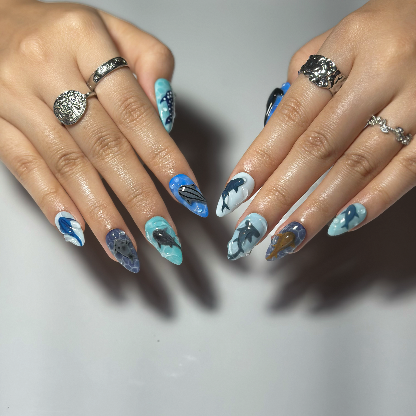 Handmade Shark Press On Nails | 3D Great White Shark Nails | Hammerhead Whale Shark | Shark Blue Sea Ocean Nails | Gift for Her OB410LK