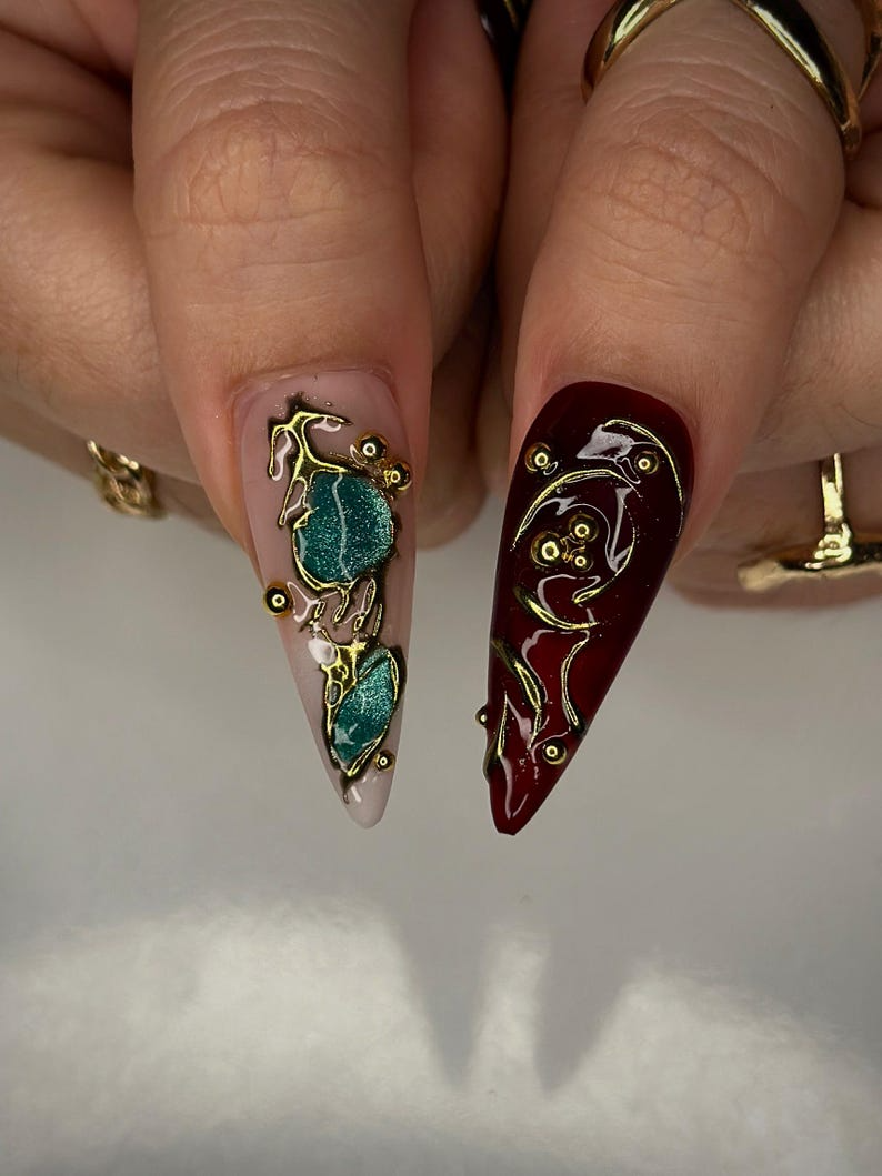 Colorful 3D Texture Press On Nails | 3D Gemstone Royalty Nail Art | Handmade Luxury Statement Nails | Elegant Fantasy Nail Set | JB148HK