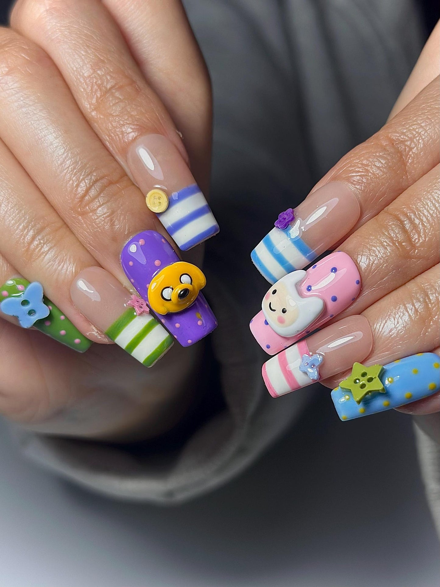 Adventure Time Press On Nails | Finn & Jake Cartoon Nails | Cute Kawaii Character Nail Art | Colorful 3D Nails | Fun Press Ons | JB331HC