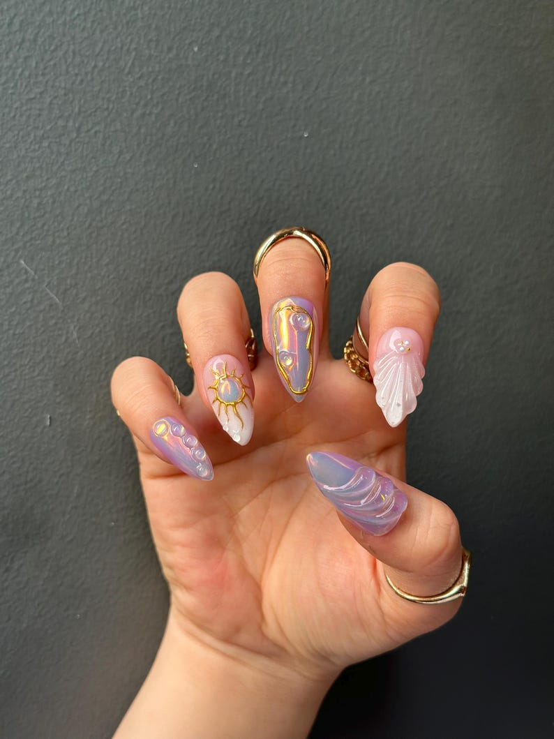 Iridescent Sunshine Press On Nails | Golden Sun Nail Art | Sunshine & Waves with Gold Accents | Handmade Unique Nail Set | HB1098HC