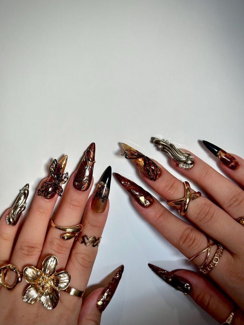 Autumn Butterfly Press On Nails | Luxury Handmade Brown Nails | Nature Inspired Stiletto Press Ons | Elegant Butterfly Design | JB168HC
