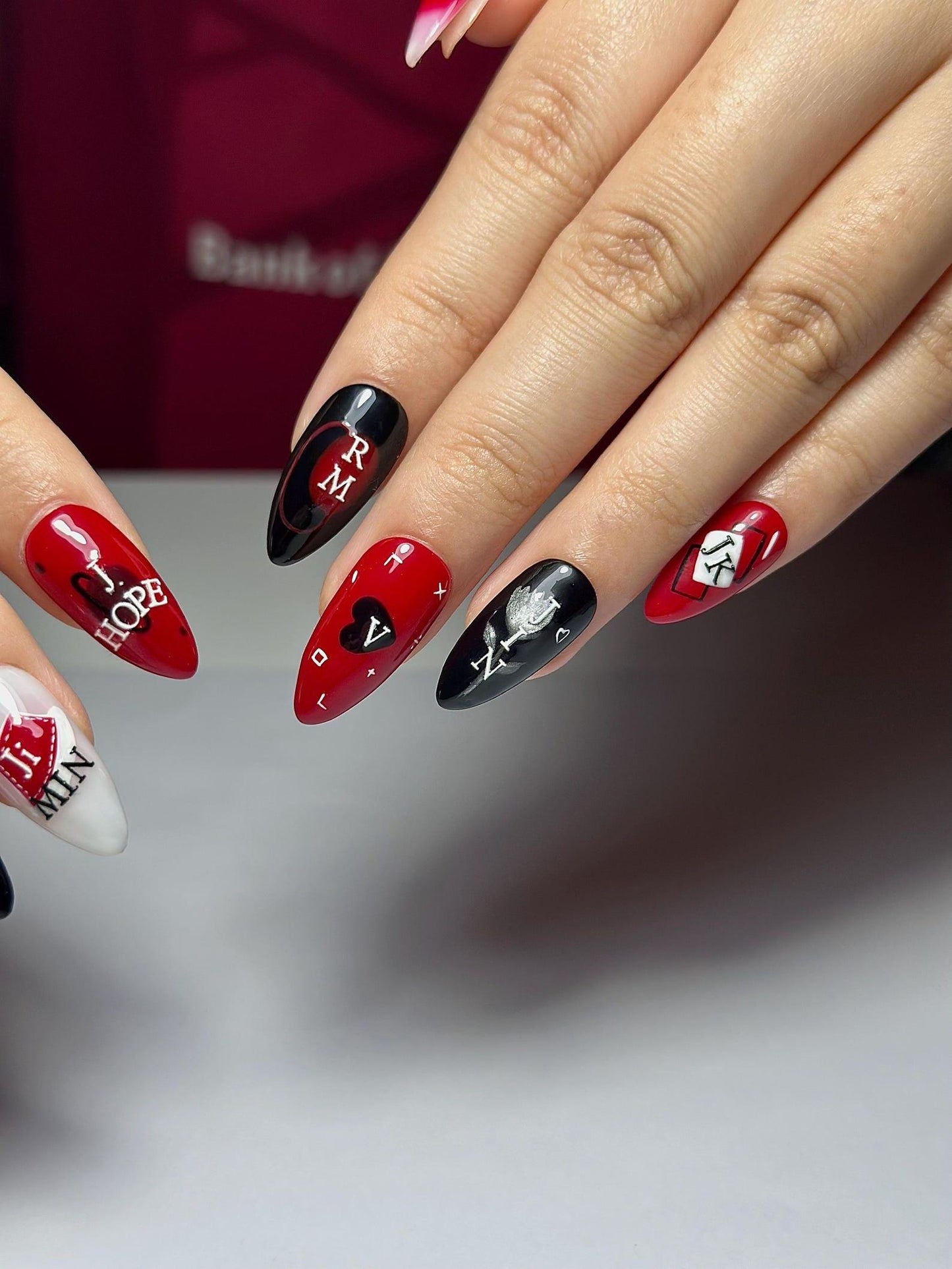 Red Black Kpop Press On Nails | Kpop Inspired Nail Art | Concert Aesthetic Almond Nails | Edgy Graphic Press Ons | Kpop Fan Nails | OB384HC