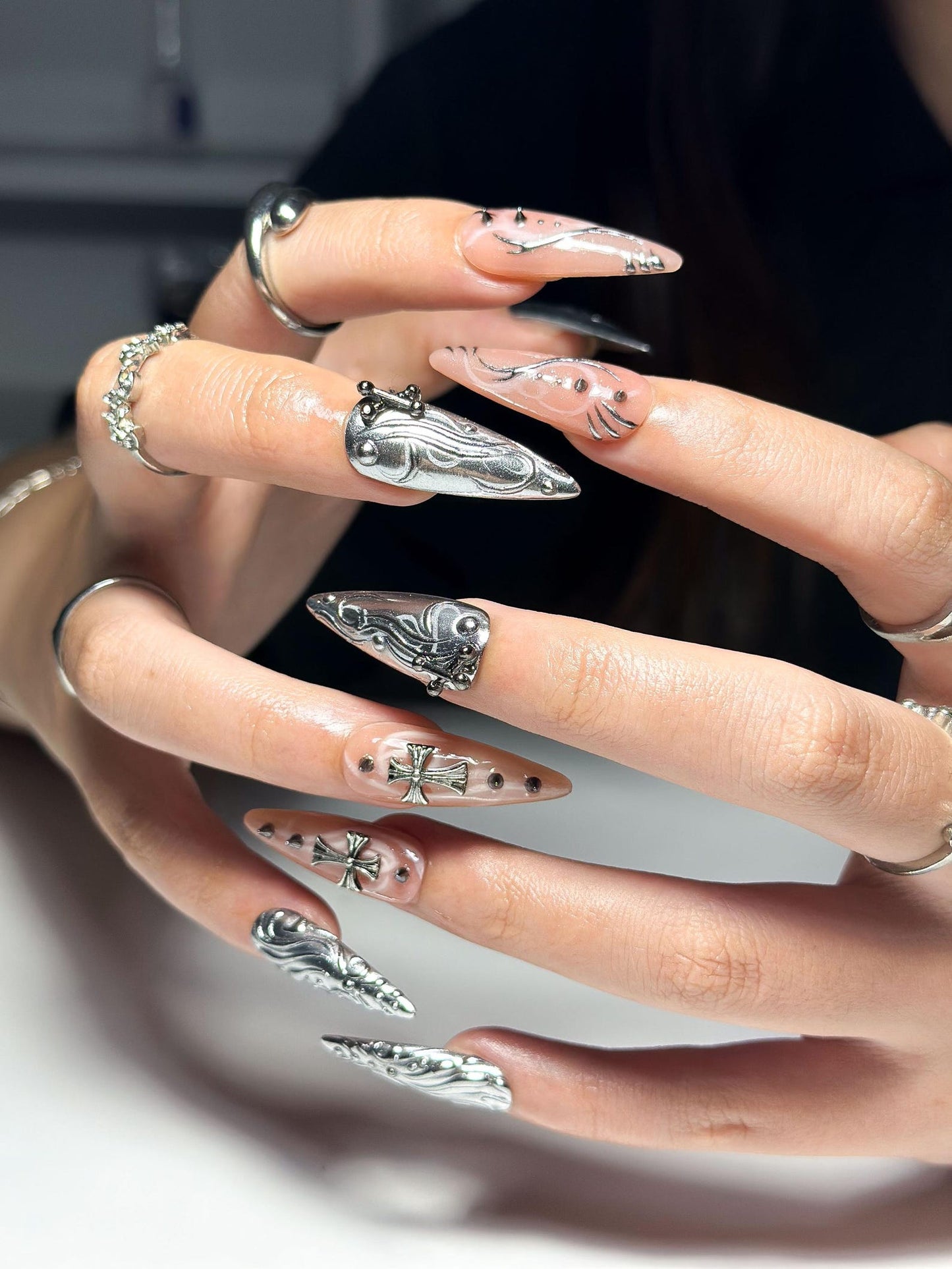 Gothic Chrome Stiletto Nails | 3D Liquid Metal Cross Press Ons | Cyberpunk Grunge Art | OB1330IB