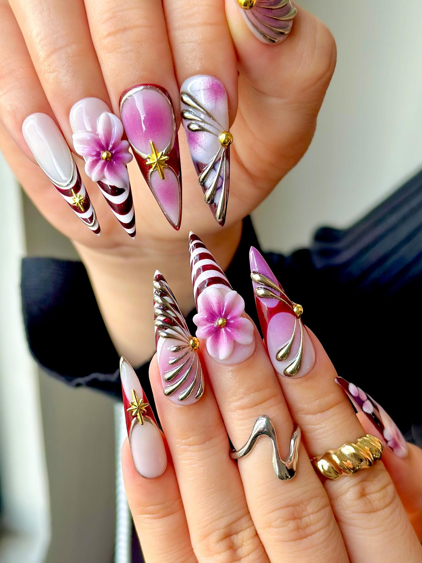 Elegant Violet Floral Press On Nails | Purple Chrome Floral Nails| Elegant Holiday Nails | Luxury Gradient Press Ons | JB211EC