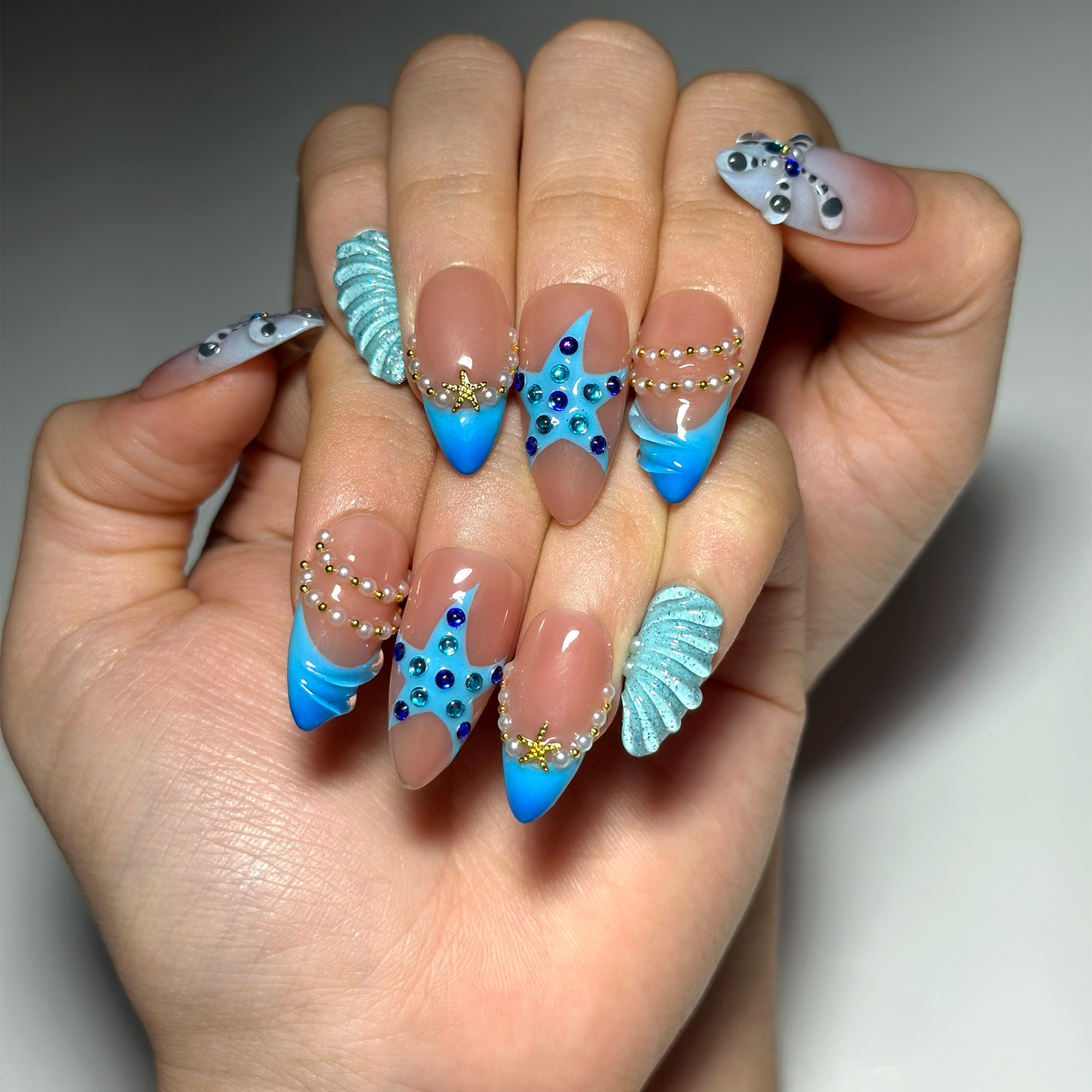 Summer Beach Press On Nails Almond • Vacation Holiday Nails • 3D Blue Starfish Pearl Seashell Tropical Ocean Handmade Fake Nails| OB422LC