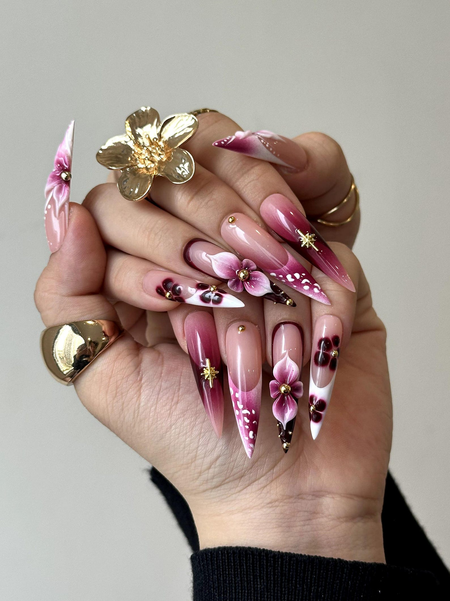 Elegant Floral Press On Nails | 3D Floral Ombre Nails | Burgundy & Pink Gradient Nail Art | Luxury Handmade Press Ons | DC881HC