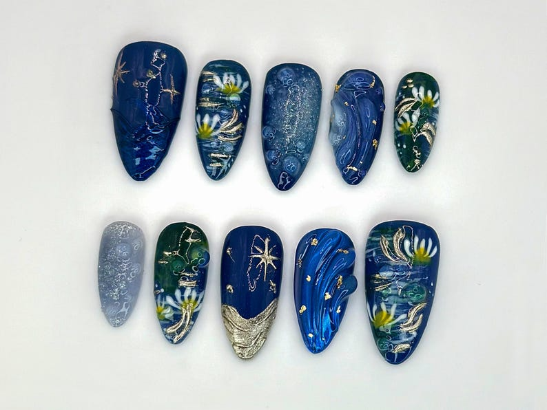 Midnight Daisy Garden Press On Nails | Handpainted Blue Ocean Waves & Starfish Nails | Ocean Themed Nail Art with Gold Accents | JC531HC