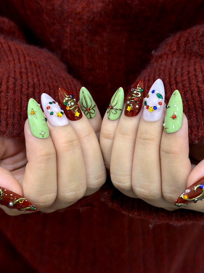 Candy Light Christmas Press On Nails | Red Green Holiday Nail Art | 3D Star & Ornament Nail Art | Festive Winter Nail Set | HB1211EK