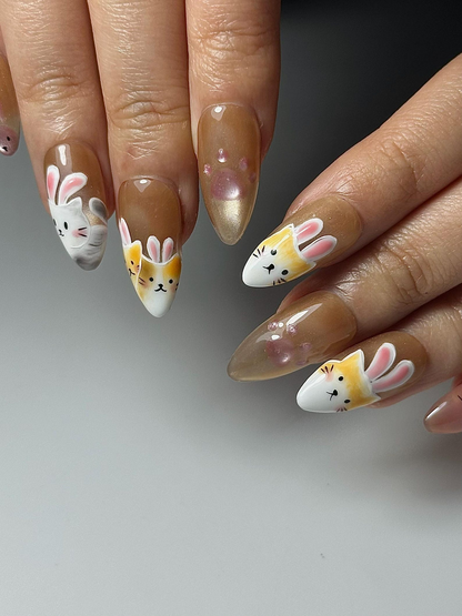 Bunny Cat Gold Press On Nails | Cute Rabbit Kitty Nail Art | Kawaii Animal Nails | Gold Almond Nails | Handmade Press Ons | HC1301HC