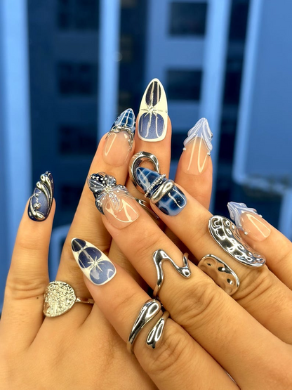 Winter Midnight Spark Press On Nails | Blue Chrome Nail Art | Silver Star 3D Nails | Elegant Winter Press Ons | JB214EC