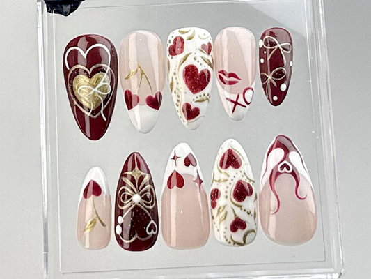 Valentine’s Day Almond Nails |Love and Heart Motif Nail Art |Valentine XO Fake Nails |Gold and Red Luxury False Nails |Kawaii Nails |HC727YC