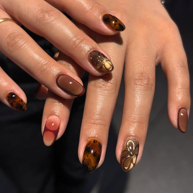 Autumn Burgundy Tortoiseshell Press On Nails | Gold Orchid Accent Nails | Gradient Fall Nail Art | Elegant Autumn Nail Set | JB187EC