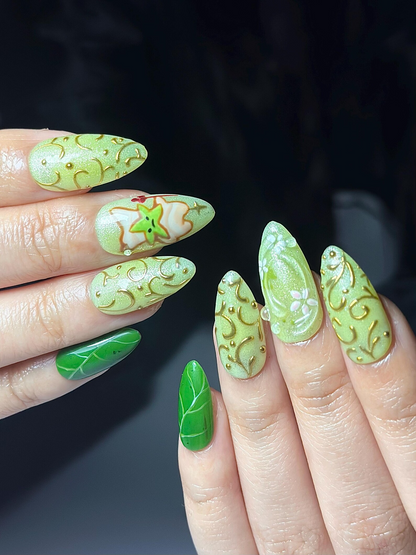 Korok Forest Press On Nails | Legend of Zelda Inspired Nails | Cute Green Fantasy Nail Art | Korok Leaf Nails | Game Press Ons | JB325HC
