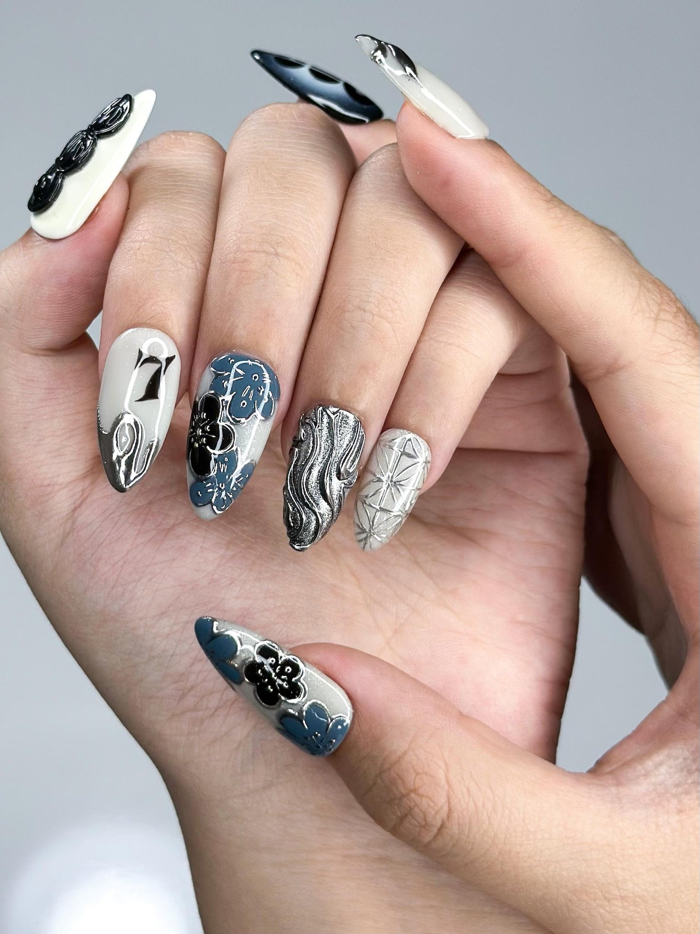 Kpop Inspired Indigo Voyage Nails | 7 Spirit Arirang Silver Shark Nails | Ocean Muse 3D Chrome Nails | Handmade Nails | JC357IC