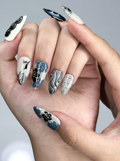 Kpop Inspired Indigo Voyage Nails | 7 Spirit Arirang Silver Shark Nails | Ocean Muse 3D Chrome Nails | Handmade Nails | JC357IC
