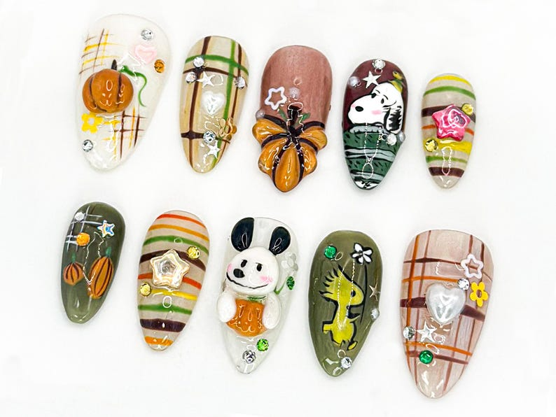 Cute Autumn Press-On Nails| 3D Cartoon & Rustic Style | Hand-Painted Nail Art | Unique Fall Nail Art | Autumn-Themed Press-On Nails|JB588HC