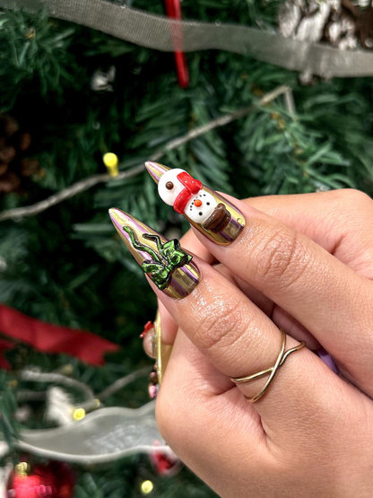 Luxury Chrome Christmas Press On Nails | 3D Star & Snowman Nails | Metallic Holiday Bow Set | Gold Beads And Gingerbread Accents | JC244EK