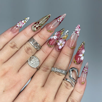 Burgundy Press On Nails Summer | Luxury Gyaru Stiletto Nails | 3D Flower Leopard Print Fake Nails | Dark Coquette Autumn Gift| OB409LK
