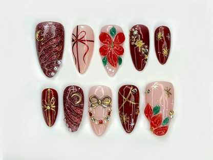 Floral Christmas Press On Nails | Red Gift Bow Nails | Luxury Winter Nail Art | Red Gold Holiday Nail Set | JB213EK