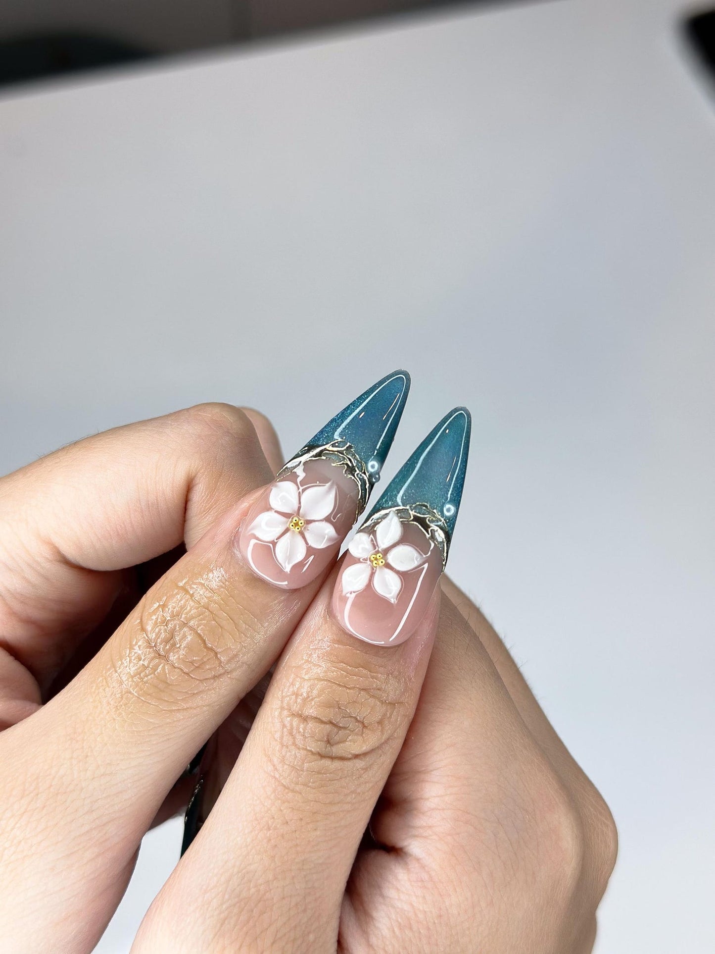 Teal Cat-Eye & 3D White Bloom Nails | Antique Gold Chrome Accents | Luxury Botanical Magnetic Stiletto Art | Elegant Nails | JB379IK