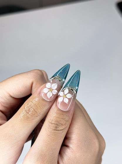 Teal Cat-Eye & 3D White Bloom Nails | Antique Gold Chrome Accents | Luxury Botanical Magnetic Stiletto Art | Elegant Nails | JB379IK