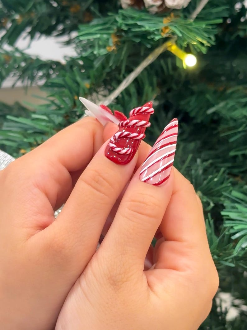 Candy Cane Christmas Press On Nails | Red White Holiday Nails | 3D Bow & Peppermint Art | Festive Winter Nail Set | JC246EC