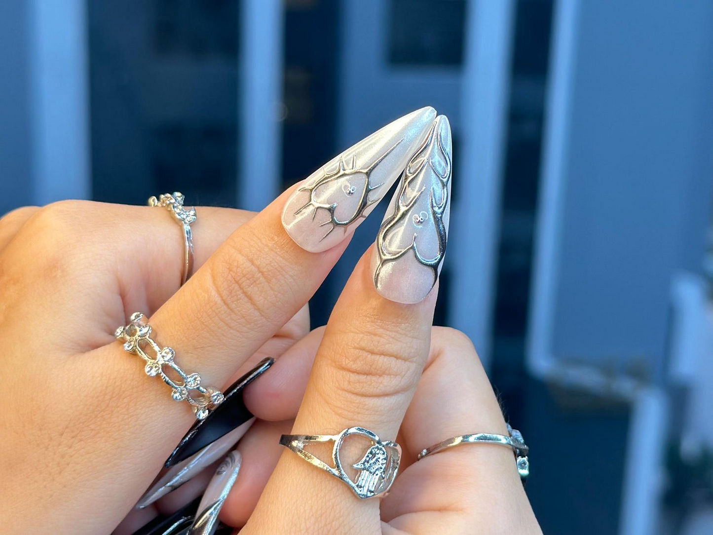 Black Silver Chrome Press On Nails | Gothic Metallic Nail Art | Winter Armor Nails | Holiday Party Nails | Handmade Gift Set | JC1193BK